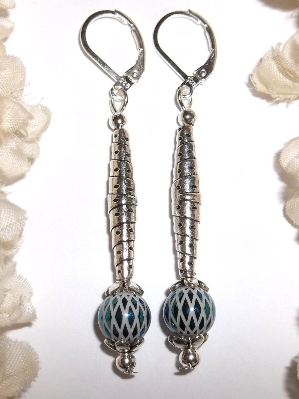 Long Blue and Silver Earrings Dangle Drop for Woman Jewelry Set Pair Dangly D882